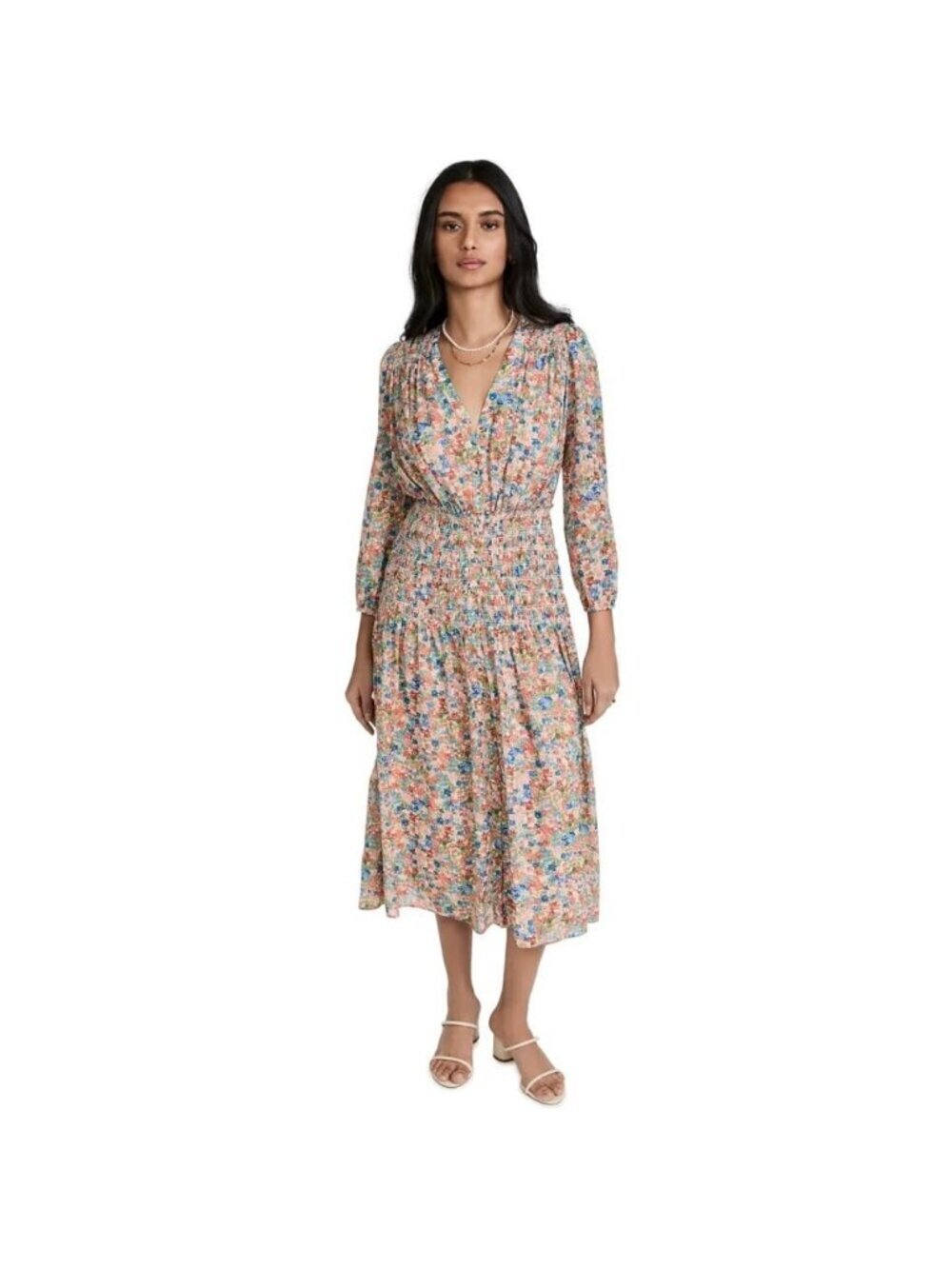 Shoshanna Aurora midi smocked waist shirtdress